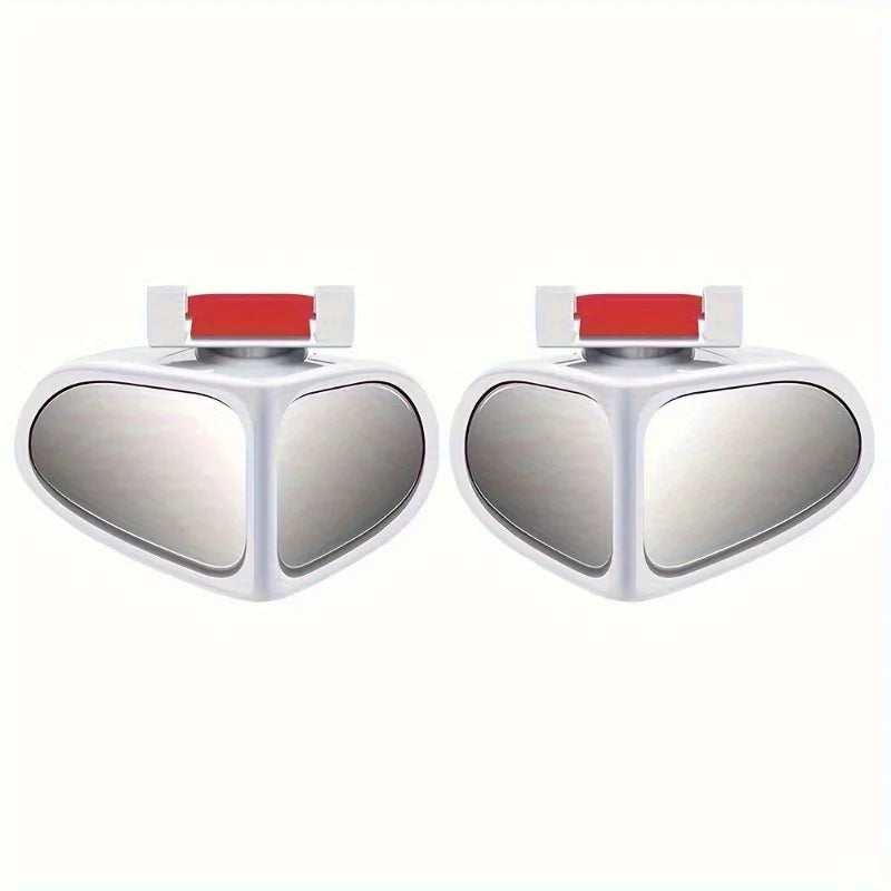 A pair of silver blind spot mirrors with red accents for vehicle rearview use.