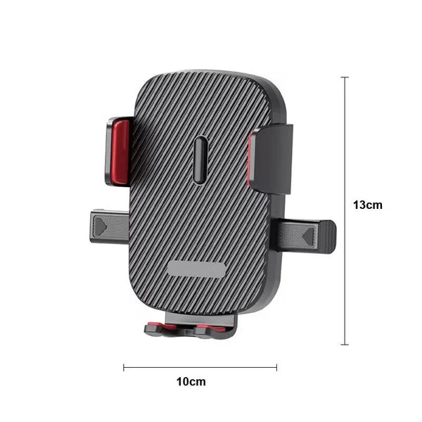 A black universal car phone mount with a gravity lock feature shown from the back.