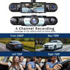 Appareil dashcam noir à quatre objectifs avec diverses angles de caméra et séquences vidéo de véhicules.