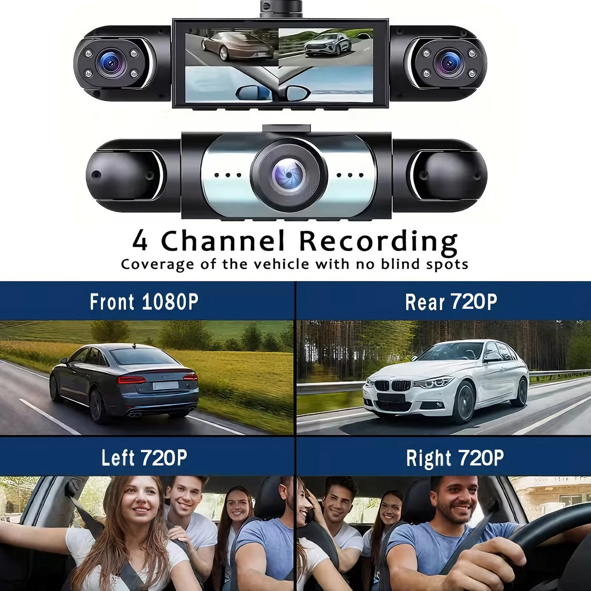 Appareil dashcam noir à quatre objectifs avec diverses angles de caméra et séquences vidéo de véhicules.