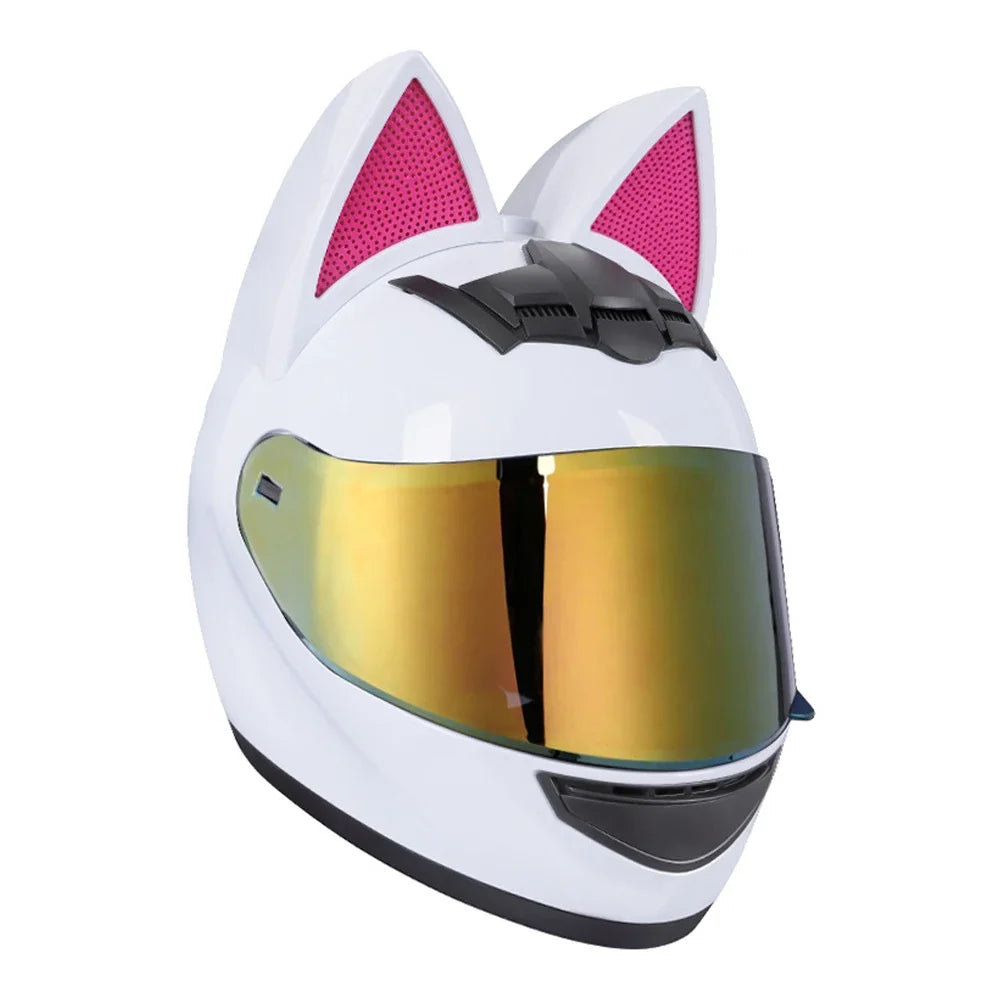 White full face motorcycle helmet with pink cat ears and a gold-tinted visor
