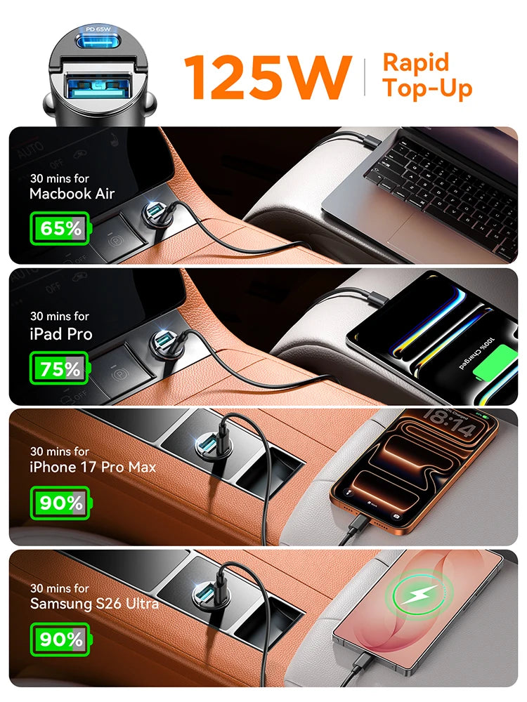 A dual-port car charger is shown providing rapid top-up charging to various Apple and Android devices.