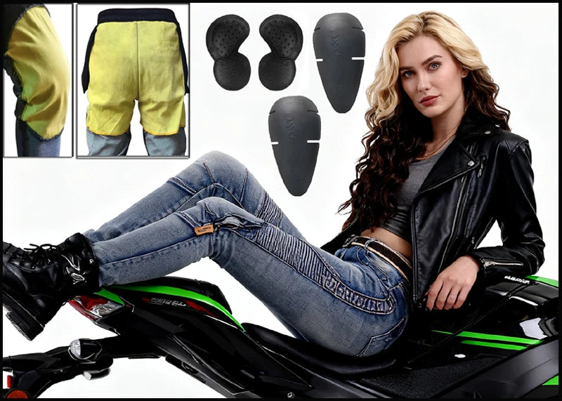 A woman wearing jeans and a leather jacket poses next to an all-weather motorcycle cover with UV protection pads.