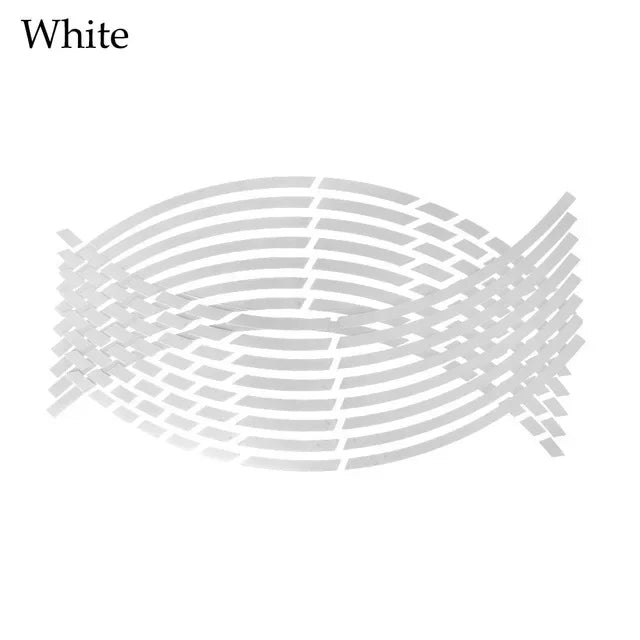 White reflective wheel rim strips designed for motorcycles and cars