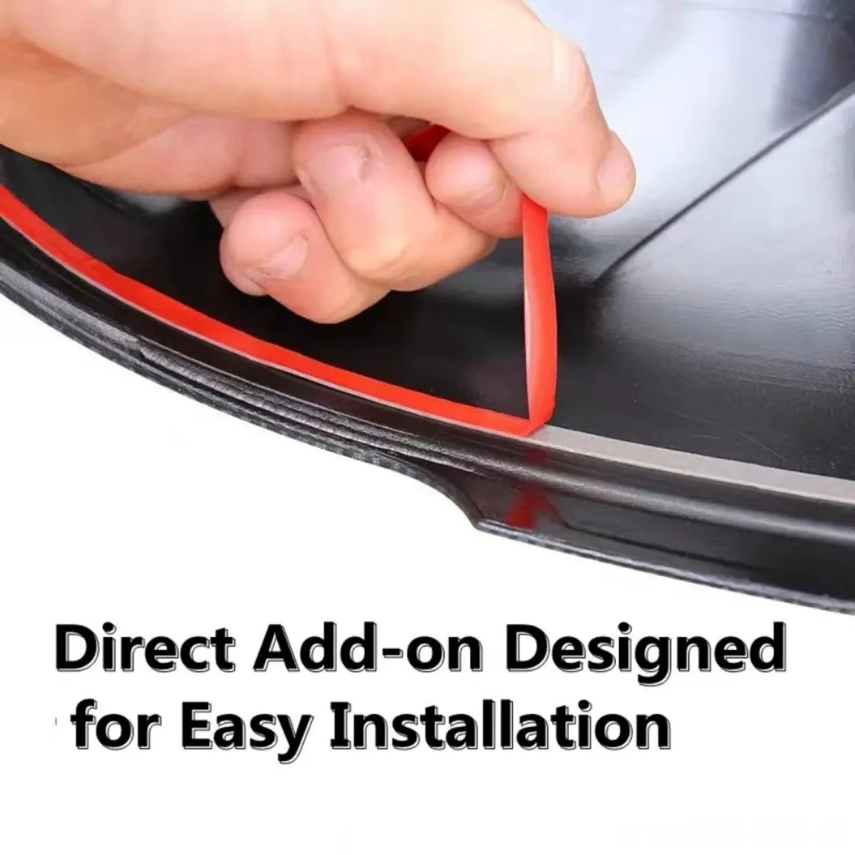 A hand is installing a glossy black rearview mirror wing trim using a direct add-on design for easy installation.