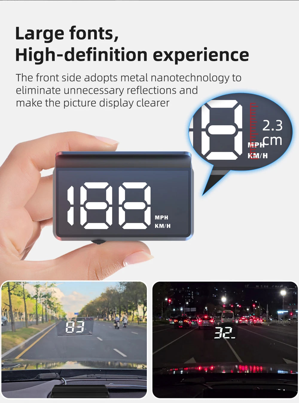 A hand holds a W2 GPS head-up display showing 188 MPH and KM/H, with examples of its clarity on a road.