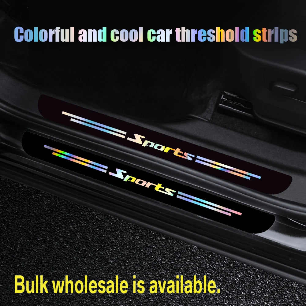 Colorful and cool car threshold strips featuring sports themed decals applied to a car door interior.