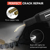 A plastic welding repair kit is shown using a torch to repair a crack in a surface, with a close-up of dual LED lights.