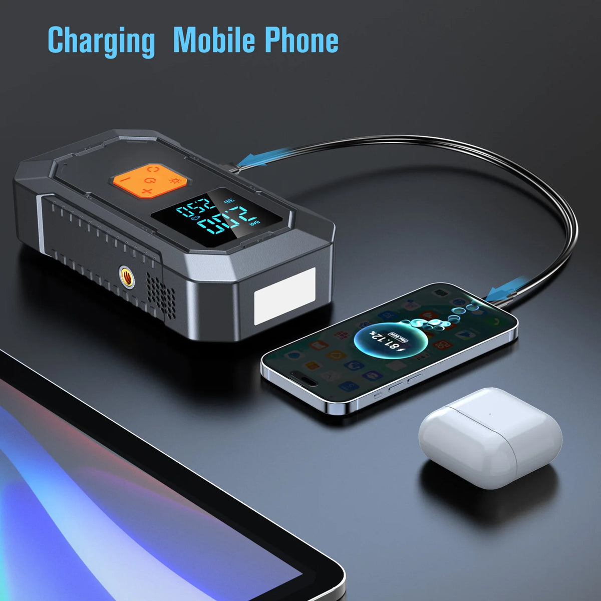 A portable car emergency air pump device connected to a mobile phone and a tablet.