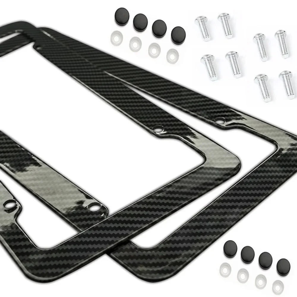 Black carbon pattern universal license plate frame with mounting hardware.