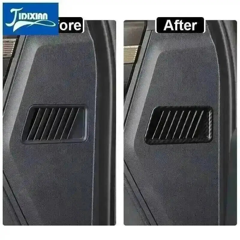 Before and after comparison of carbon fiber grain interior trim kit installation on a Ford F-150.