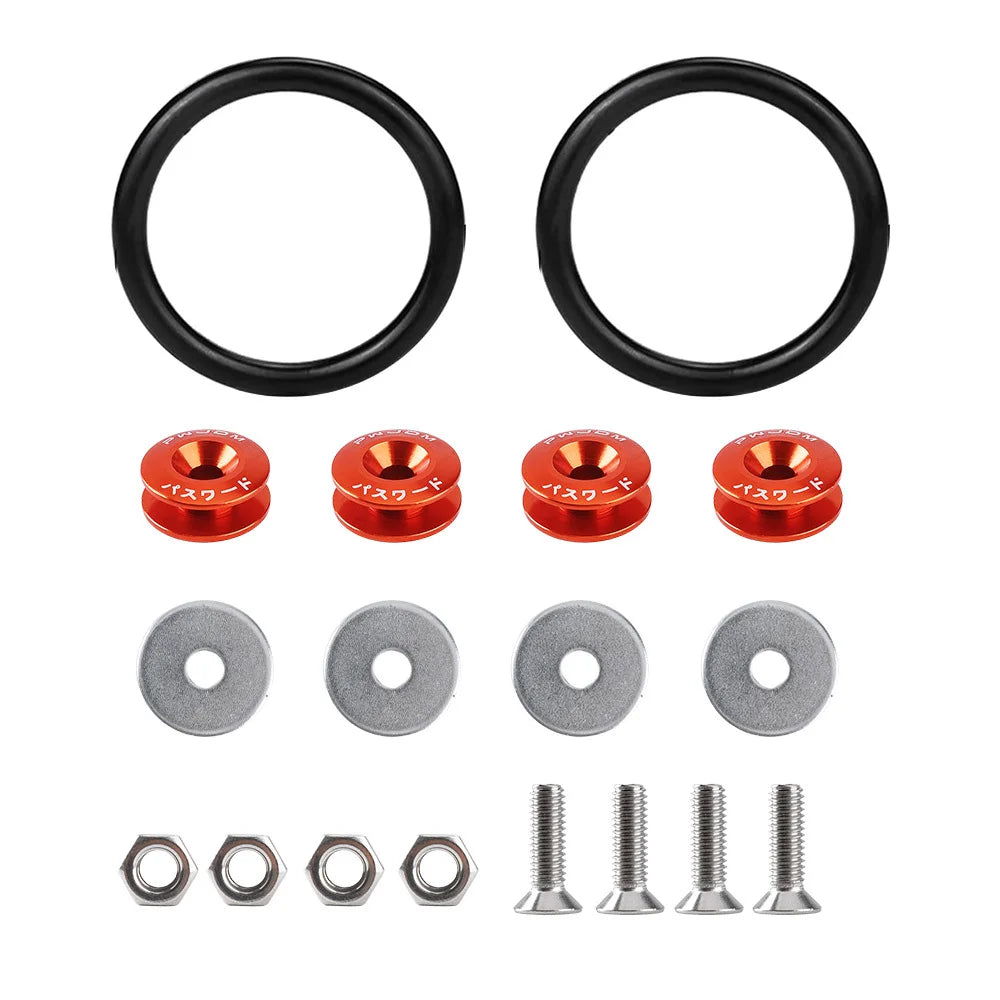 Set of black billet aluminum quick release fasteners for bumpers and panels, including rings and bolts.