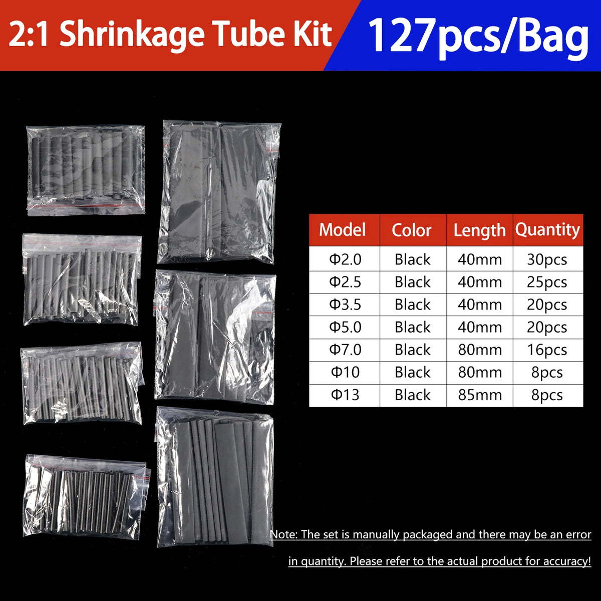 A set of black heat shrink tubing kits with various diameters and lengths packaged in plastic bags.