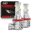 A silver LED headlight bulb with a yellow light is shown next to its packaging box.