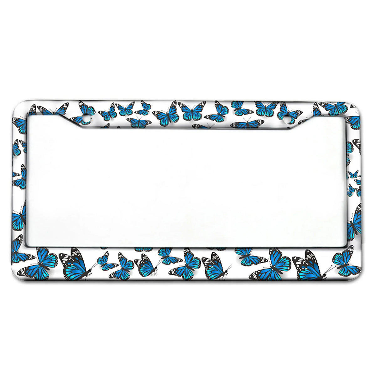 A rectangular aluminum license plate frame decorated with blue butterflies.