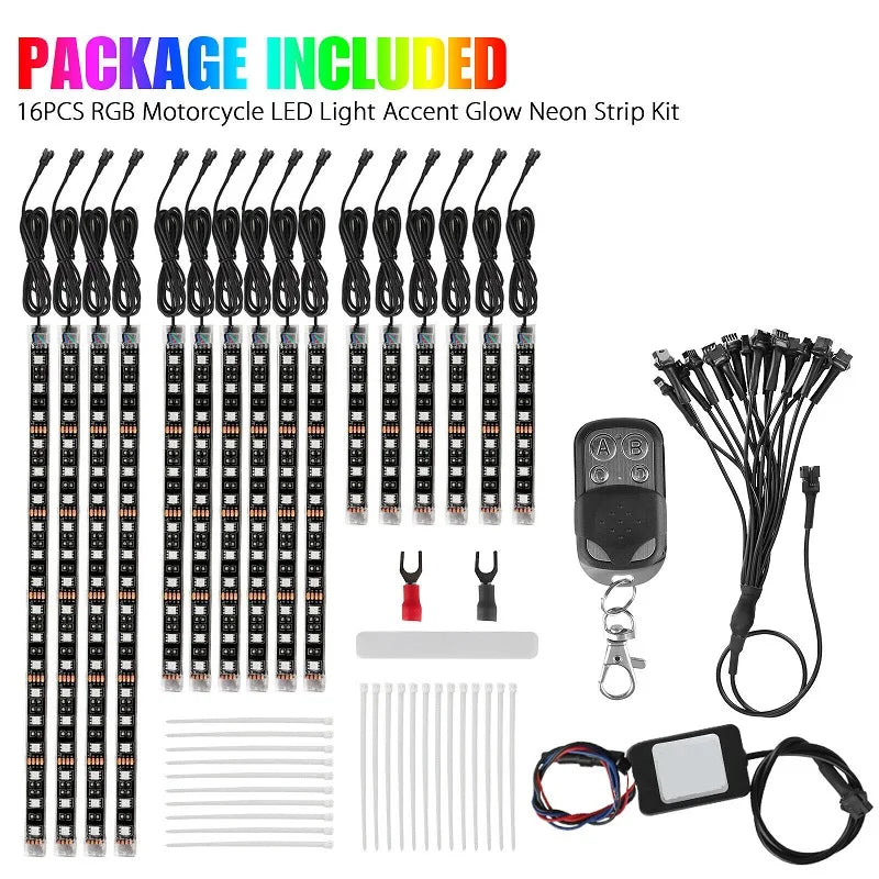 A kit of 16 pieces of RGB motorcycle LED light accent glow neon strips with a remote control and wires.