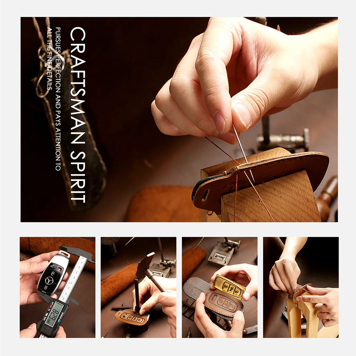 A hand is shown placing a thin wire into a brown leather key cover for Chevrolet and GMC trucks.