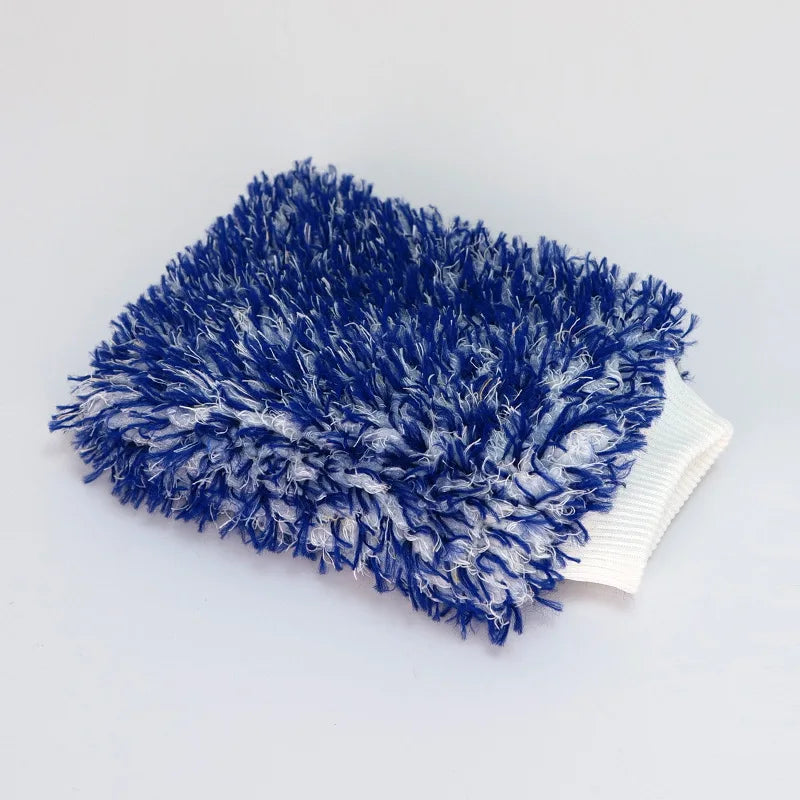 A deep blue microfiber cleaning glove with a white cuff is shown on a white background.