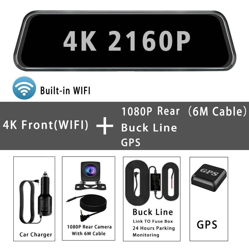 A product image showing a 4K 2160P rearview camera system with a front WiFi camera and a back line GPS module.