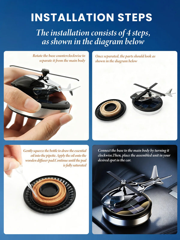 Installation steps showing how to assemble a solar rotating car air freshener diffuser.