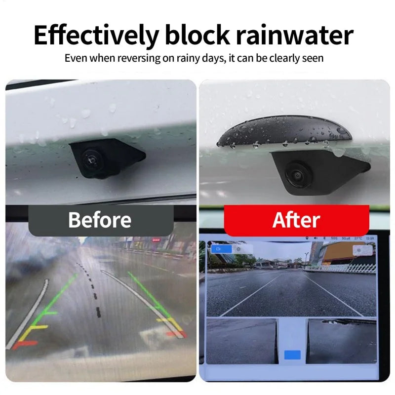 Before and after comparison showing how the anti-fog waterproof rain cover clearly blocks rainwater on a vehicle's rear camer