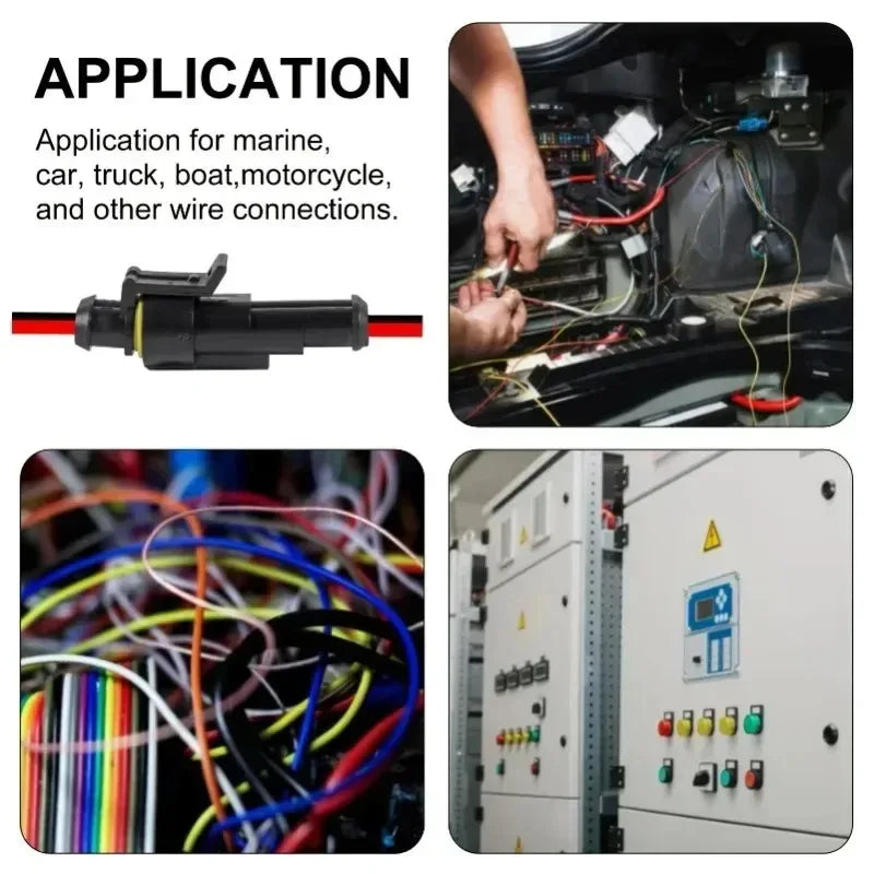 Various durable 2-pin wire connectors shown in application for automotive, marine, and other wire connections.