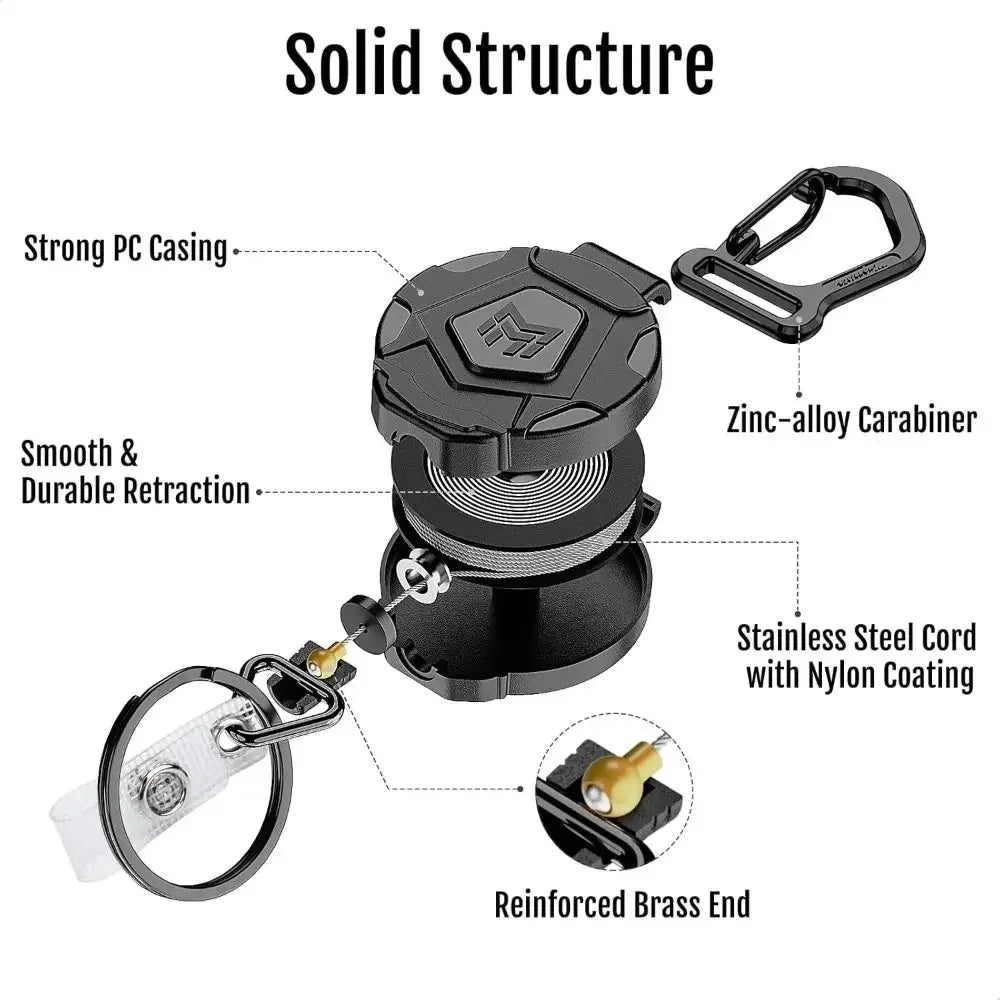 A black heavy-duty retractable keychain badge holder featuring a strong PC casing, zinc-alloy carabiner, and reinforced brass