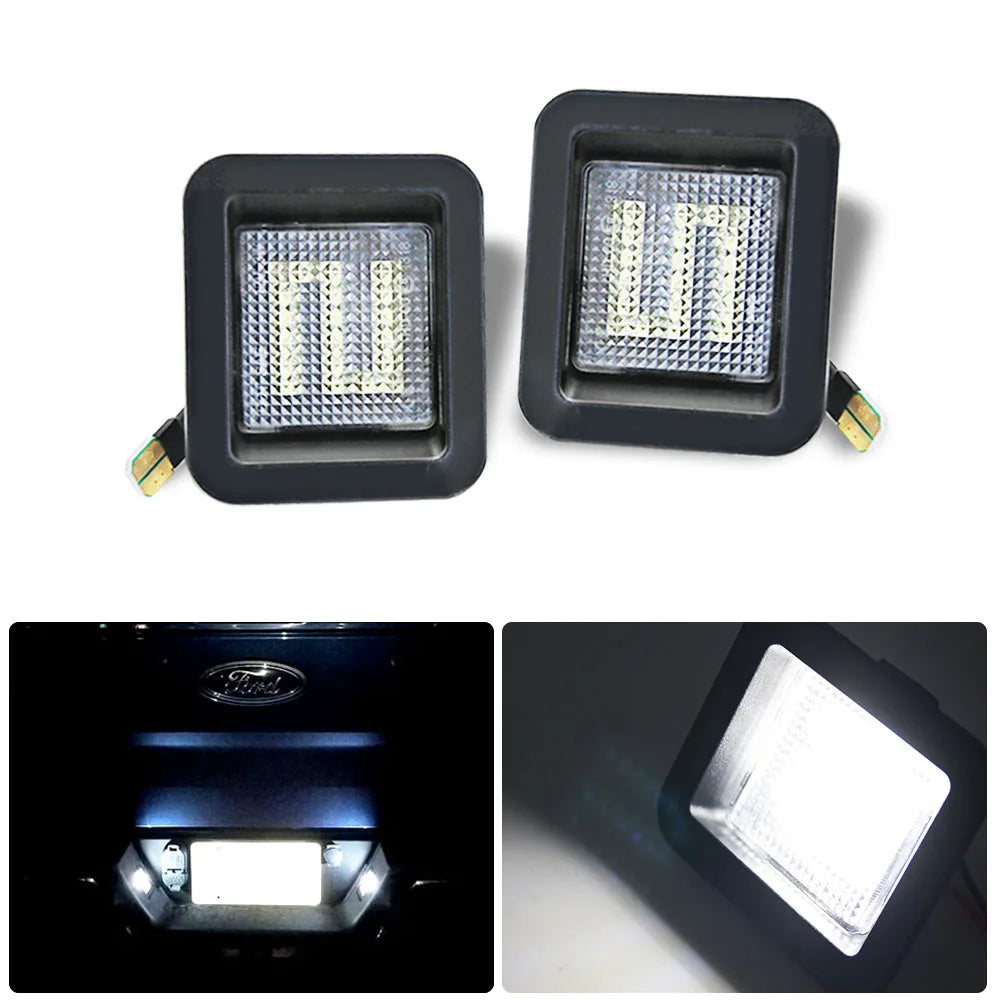 Two square LED license plate lights for Ford trucks, showing the light module and installation view.