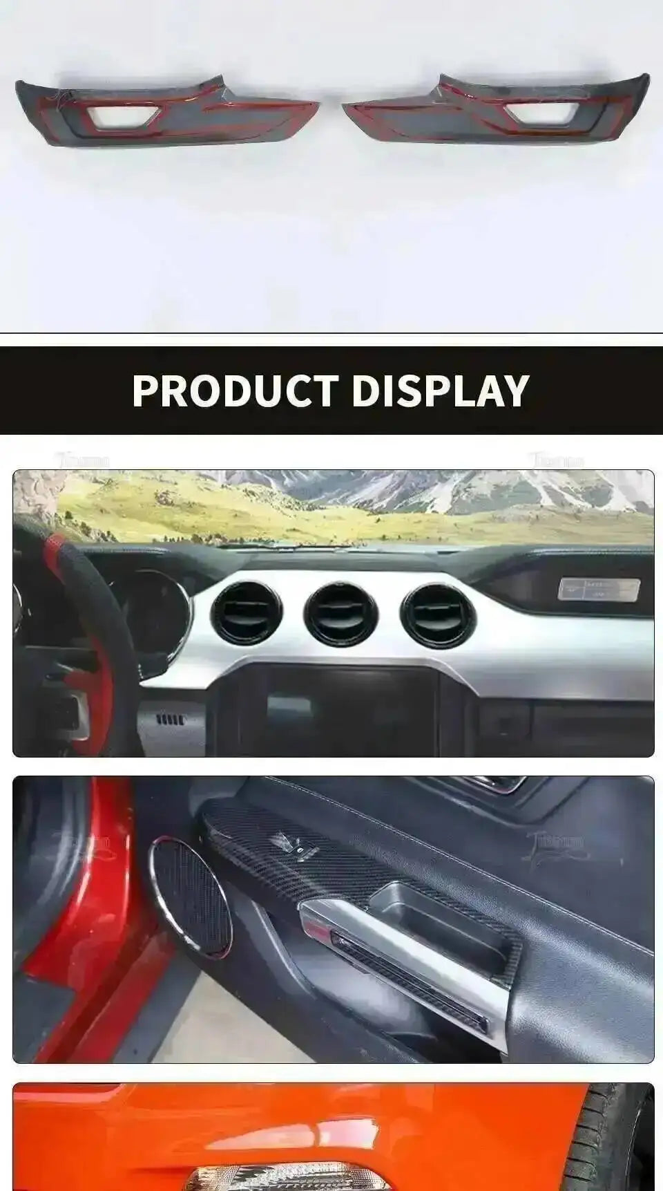 A set of carbon fiber interior decorations for a Mustang, including trim pieces and accents.