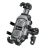A heavy-duty motorcycle phone mount with a fork stem base in black.