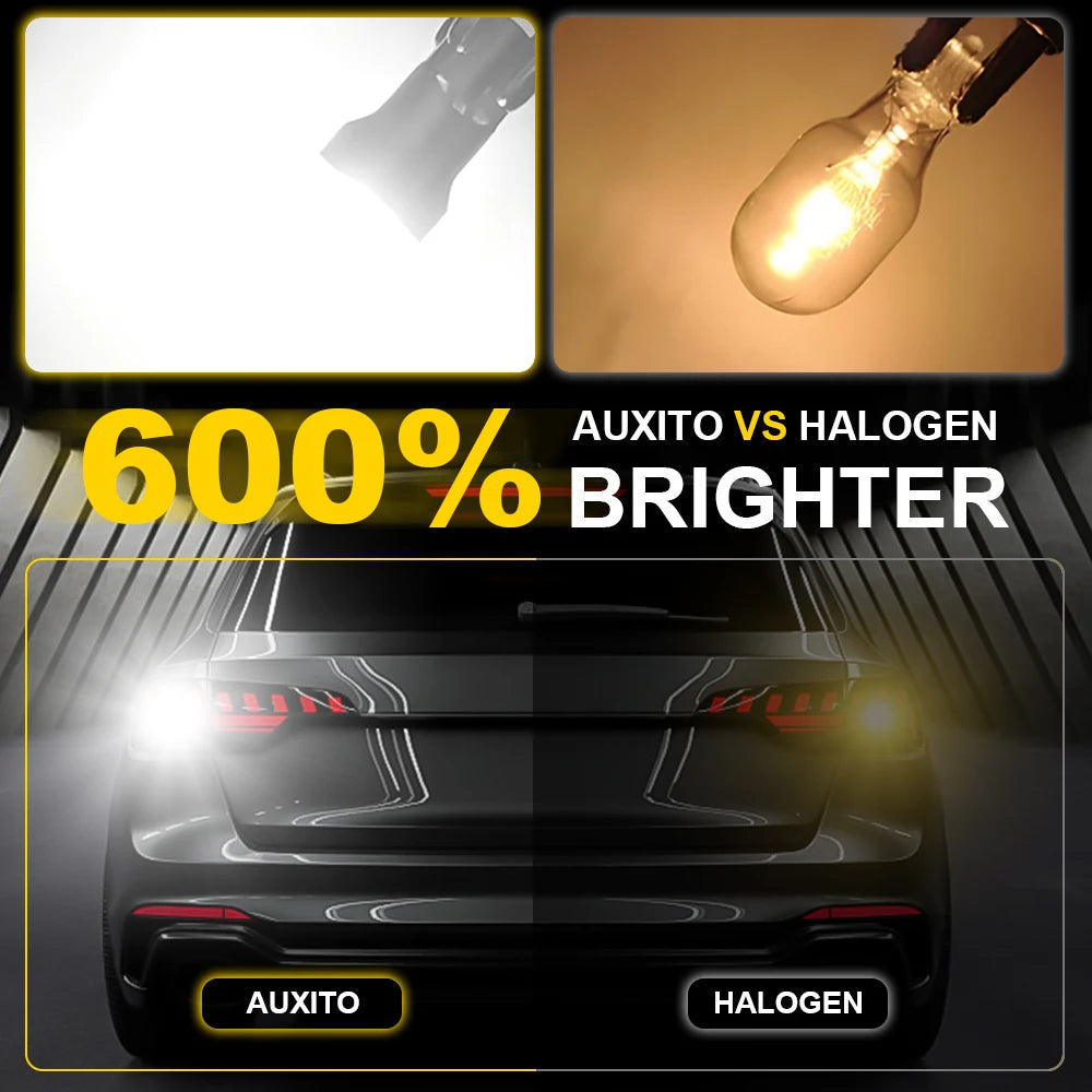 Comparison showing an LED bulb is 600% brighter than a halogen bulb, with close-ups of the bulbs and a car's rear light.