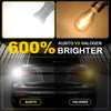Comparison showing an LED bulb is 600% brighter than a halogen bulb, with close-ups of the bulbs and a car's rear light.