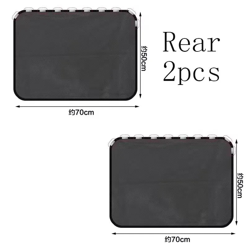 Two black magnetic car window sunshades, each measuring approximately 70cm by 550cm.