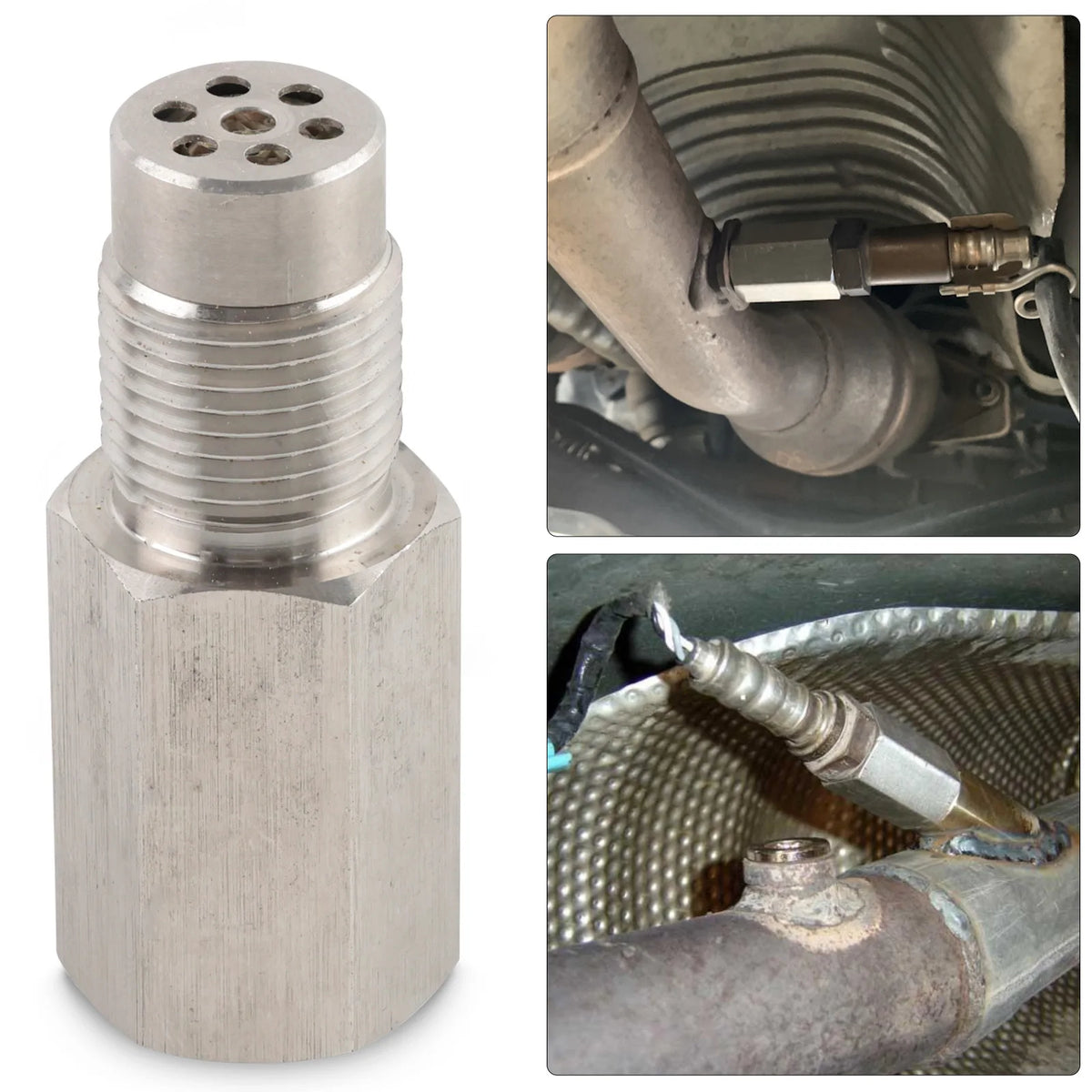 A silver mini oxygen catalyst sensor with a threaded tip and a close-up view of it being installed on an exhaust pipe.