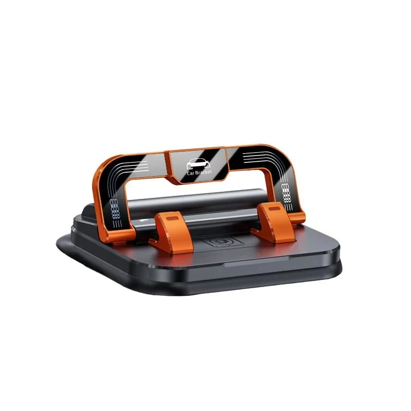 A black car phone holder with an orange and black design, featuring a rotating bracket for mounting a phone.