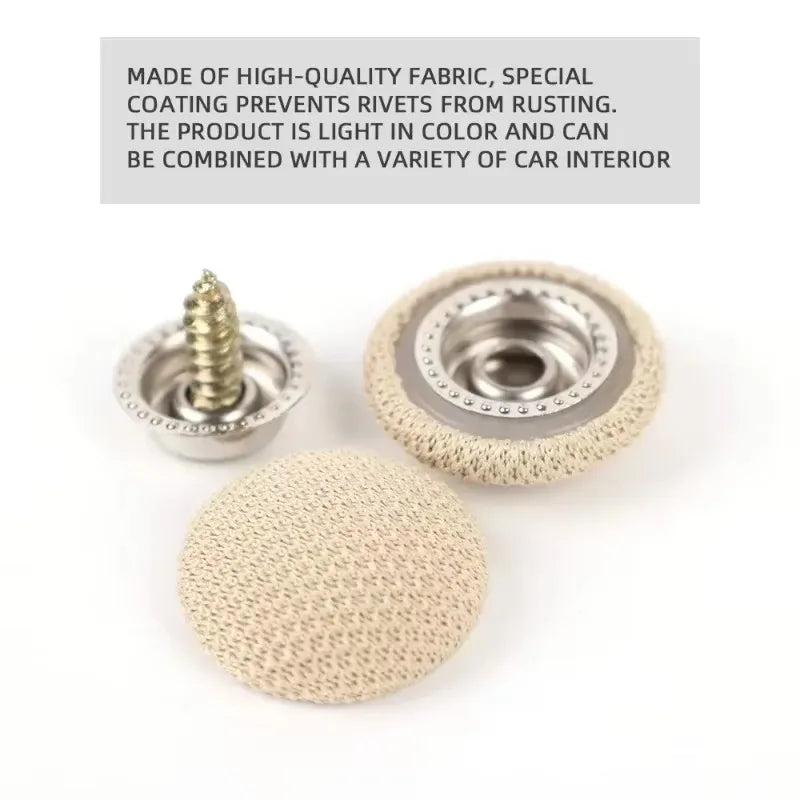 A set of universal car interior roof fixing buckles and rivets for preventing rust.
