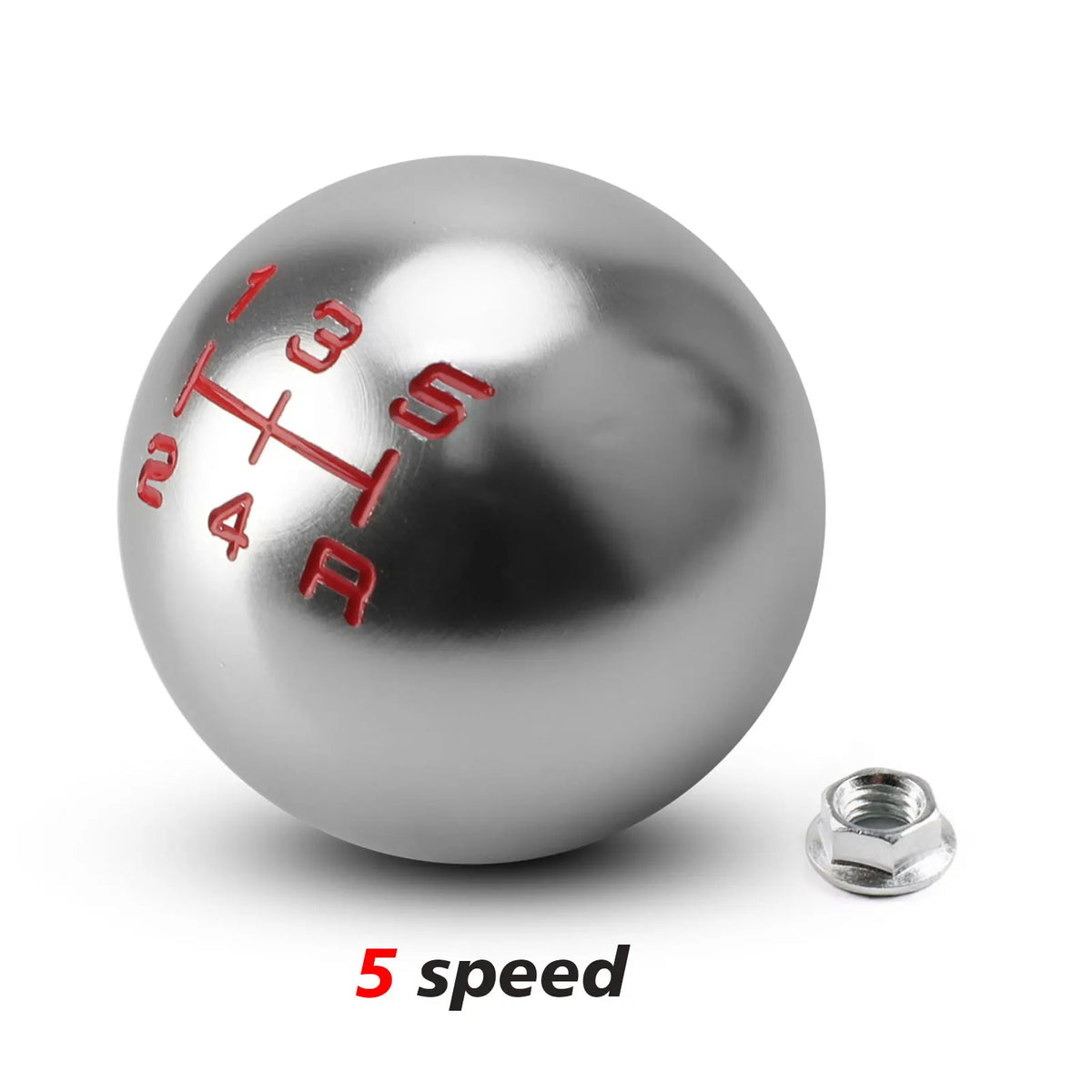 A silver aluminum gear shift knob with red markings showing 1, 3, 4, and 5 speeds is shown next to a hex nut.