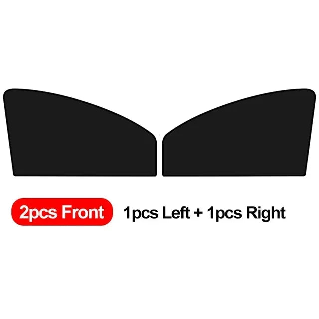 Two black magnetic car window sunshades, one left and one right, for privacy and heat blocking.