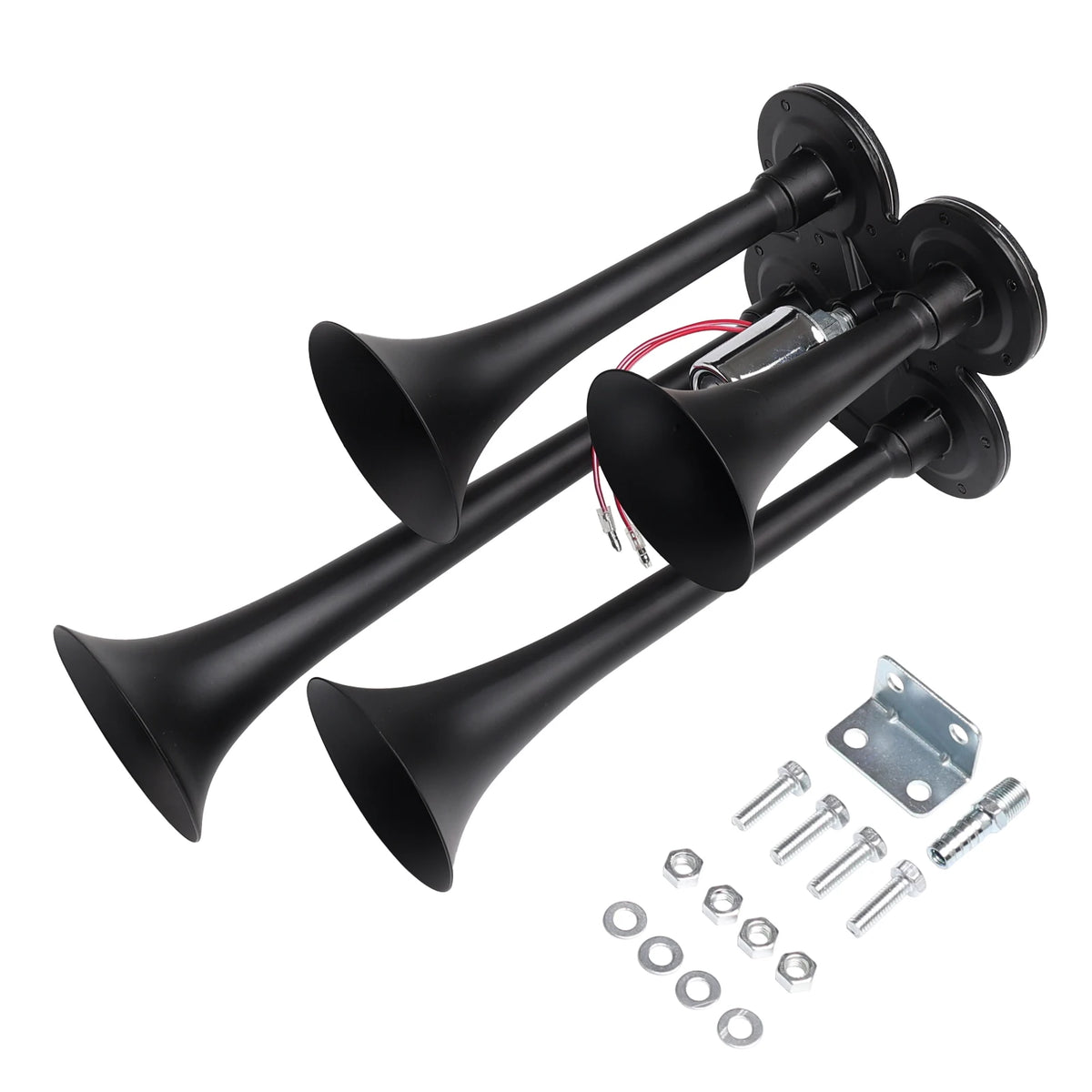 Black heavy-duty air horn system with four tubes and mounting hardware.
