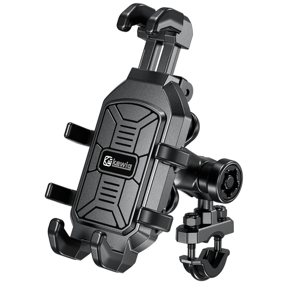 A black heavy-duty motorcycle phone mount with a fork stem base.