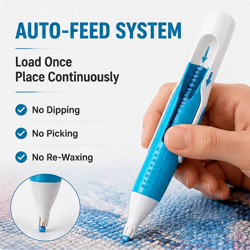 A hand holds a white and blue auto-feed system pen for diamond painting beads, demonstrating its continuous loading feature.