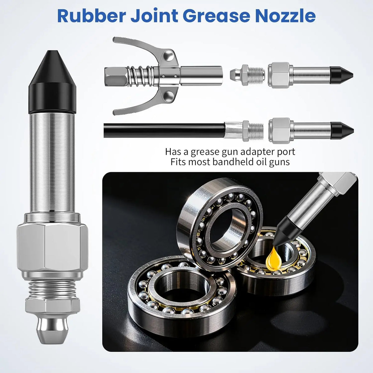 A set of rubber joint grease gun nozzles, including a main needle and various adapters for oil guns.