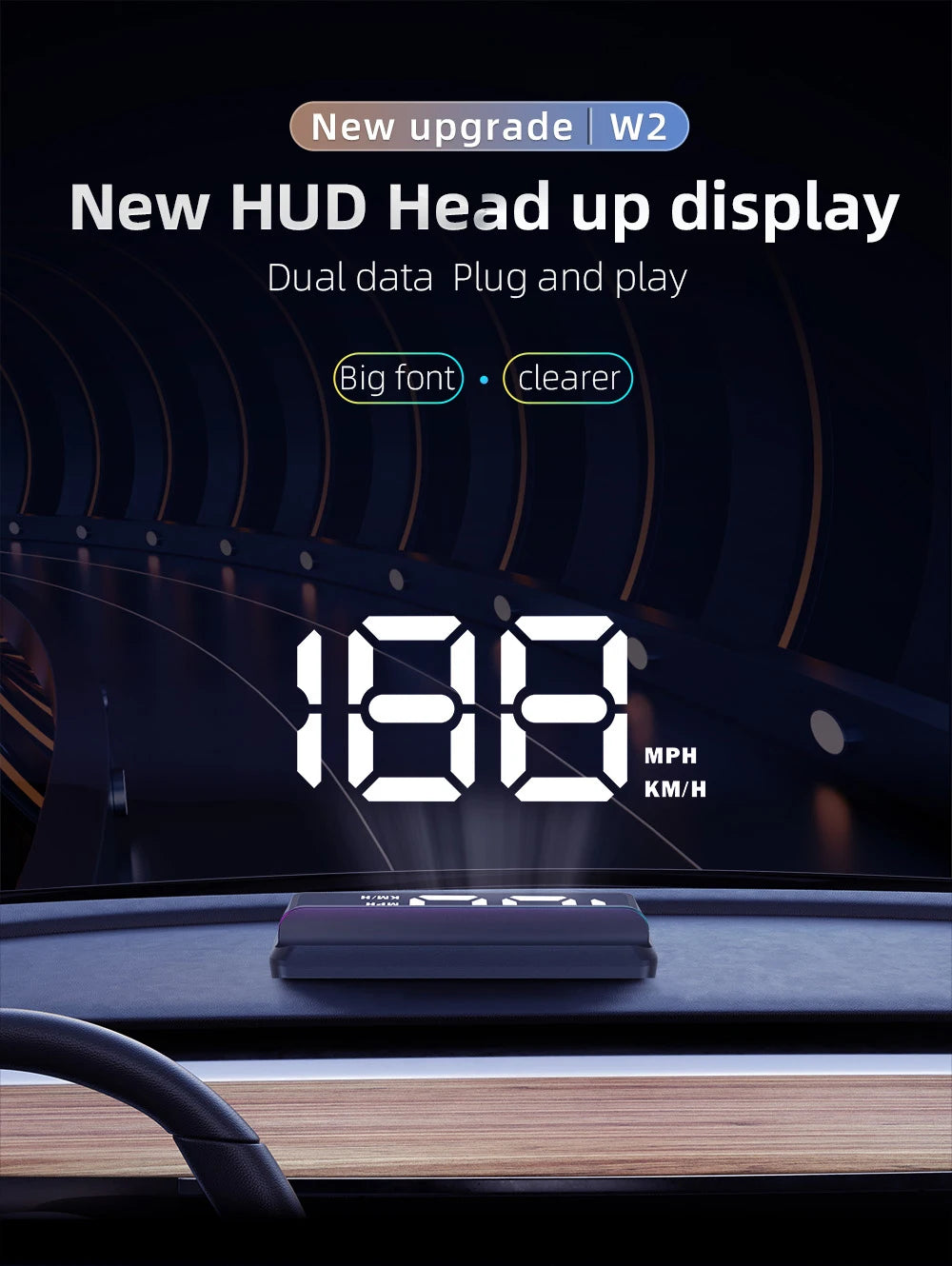 A digital head-up display showing 188 MPH and KM/H, mounted in a vehicle dashboard.