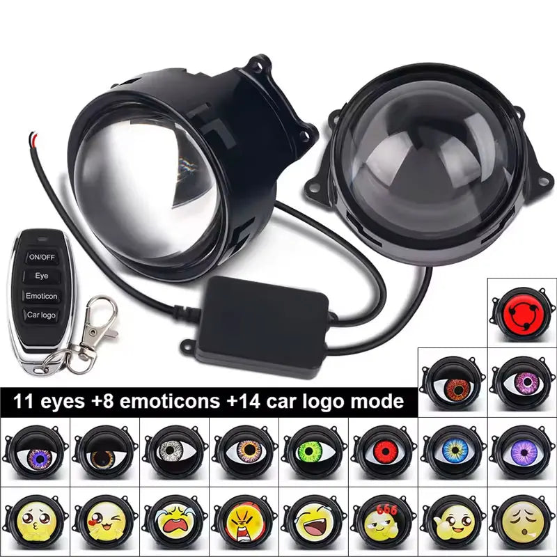A set of dynamic LED car eye lights with remote control showing various eye emojis and car logos.