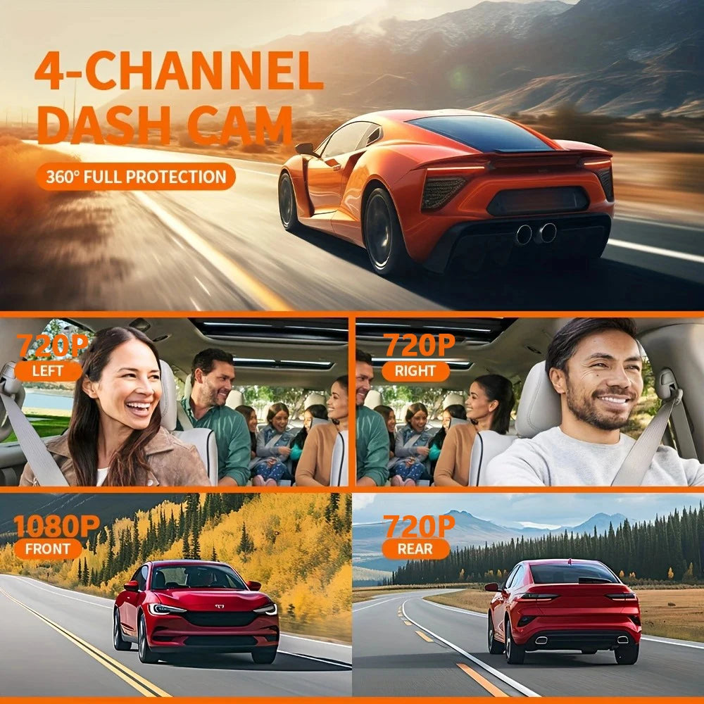 Montage d'une caméra de surveillance 4 canaux filmant différentes vues (avant, arrière, côté) d'une voiture de sport rouge