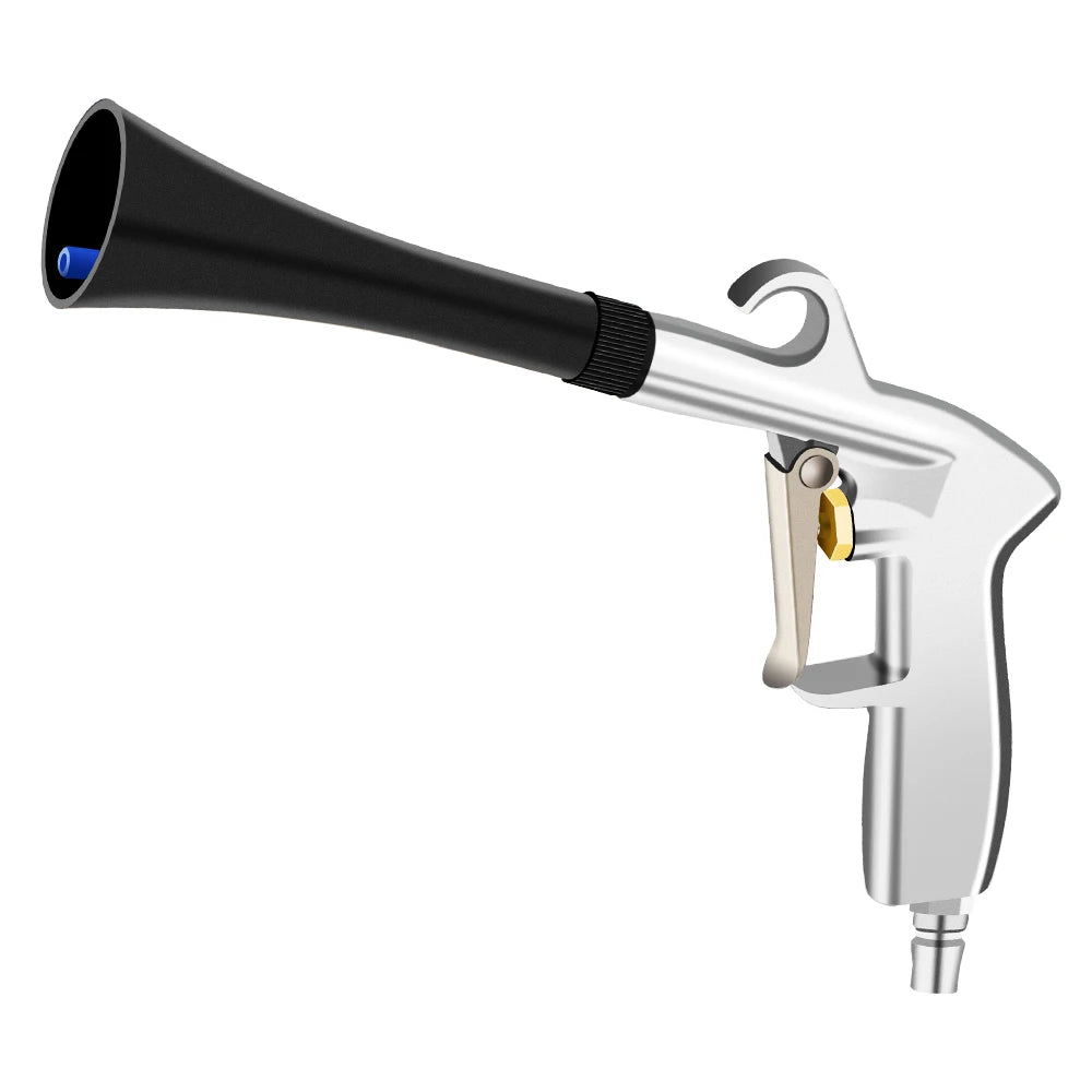 A silver high-pressure air blow car cleaning gun with a black barrel and grip.