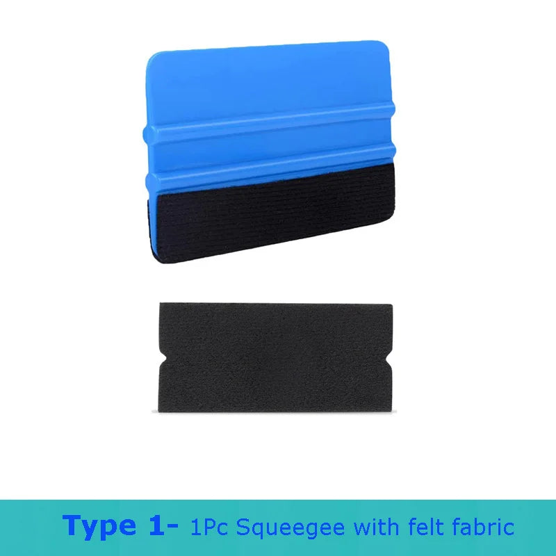 A blue and black squeegee tool kit with felt fabric for vinyl wrapping.