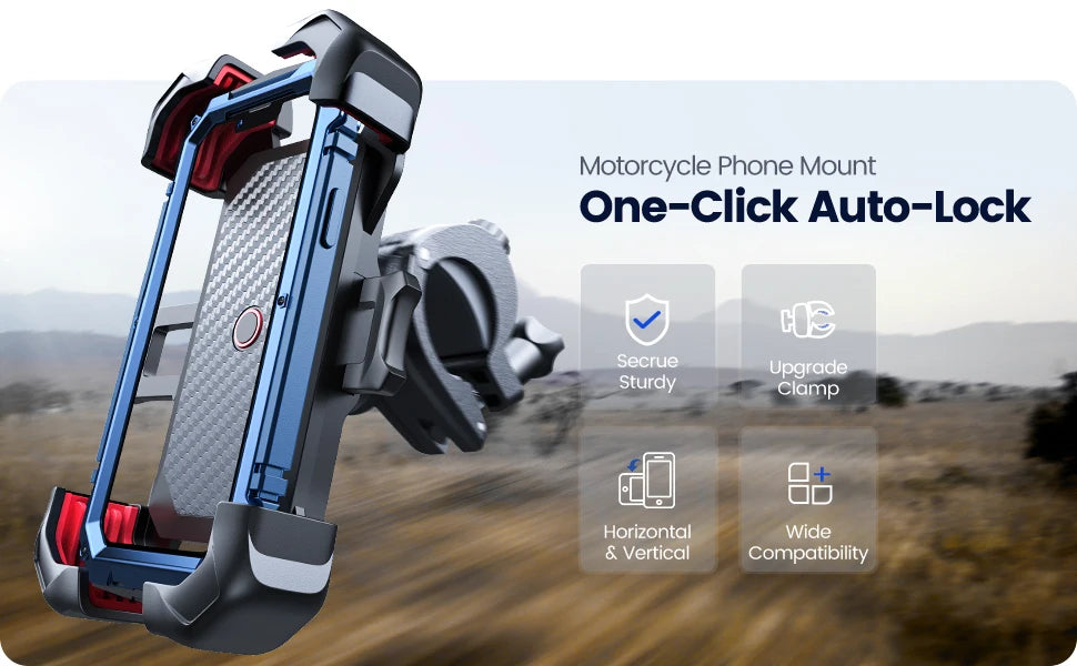 A blue and black motorcycle phone mount with a one-click auto-lock feature shown in an outdoor setting.