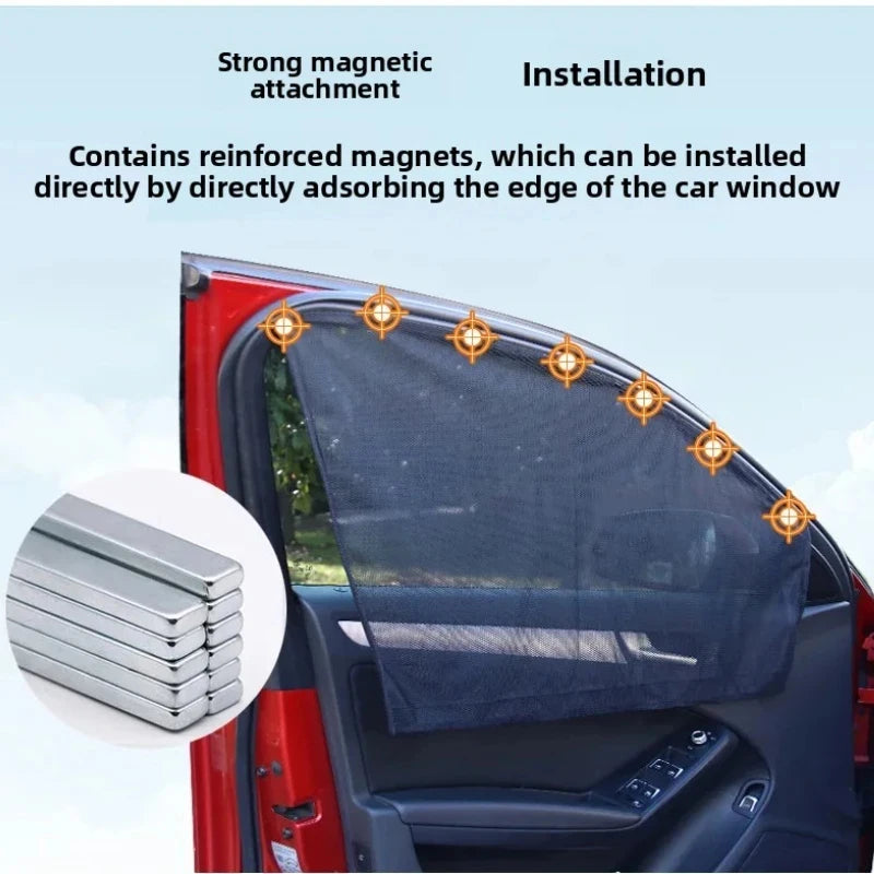 A dark blue magnetic car window sunshade is shown being installed on a red car window.