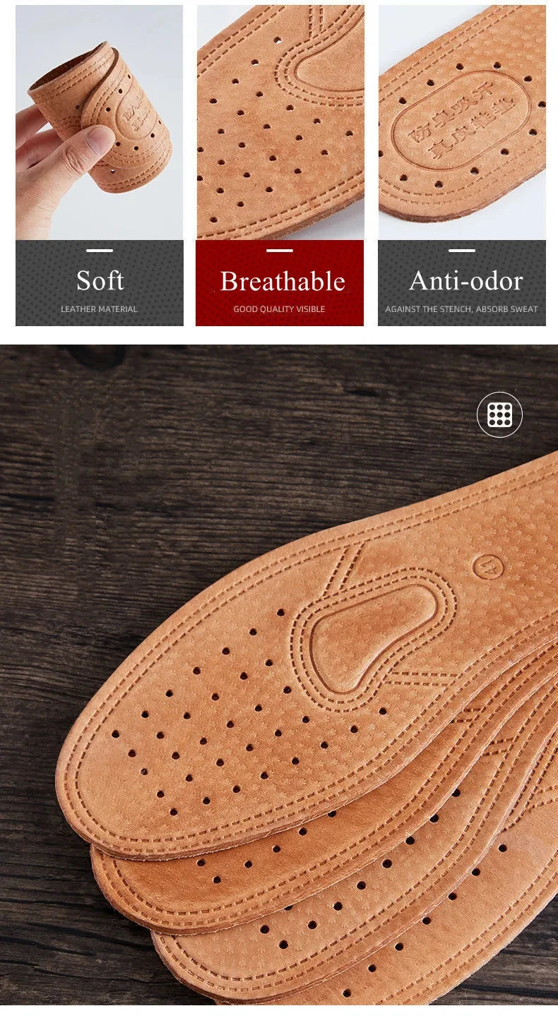 Nahaufnahme brauner Leder-Einlegesohlen mit perforierter Textur und Nähten